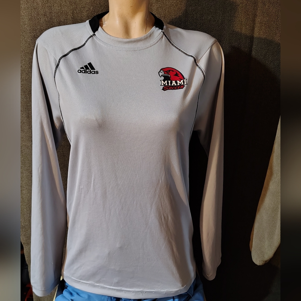 Adidas Climalite Light Gray Long Sleeve Athletic Tee Miami of Ohio Soccer Logo